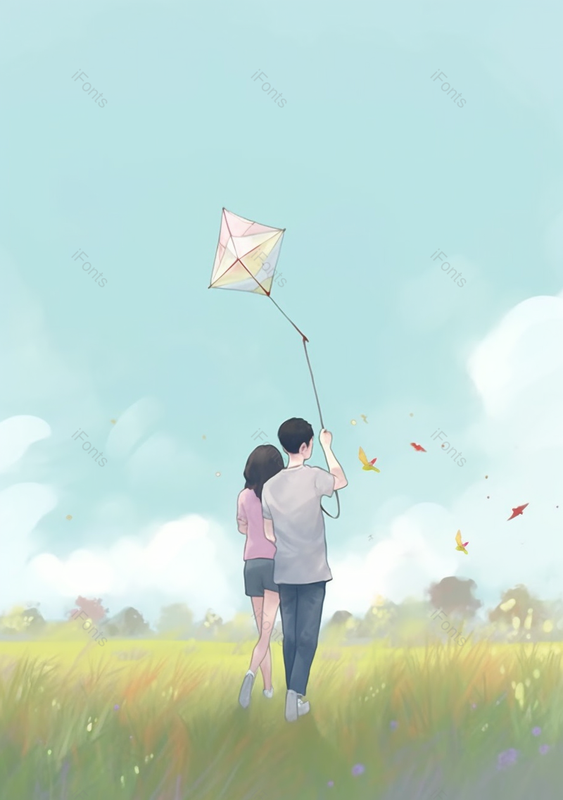 情侣在户外的草地上放风筝插画背景,插画/手绘图,插画/手绘图库,插画/手绘图下载,插画/手绘